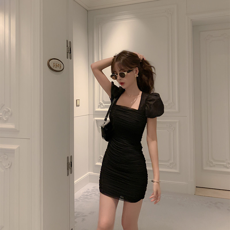 パーティードレス シャーリング加工ボディコンシャス半袖ミニワンピース