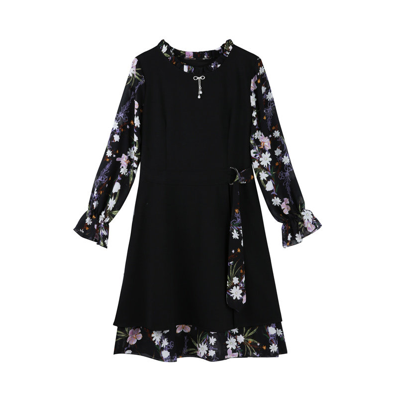 パーティードレス 花柄シースルー袖切り替えリボン付きワンピース