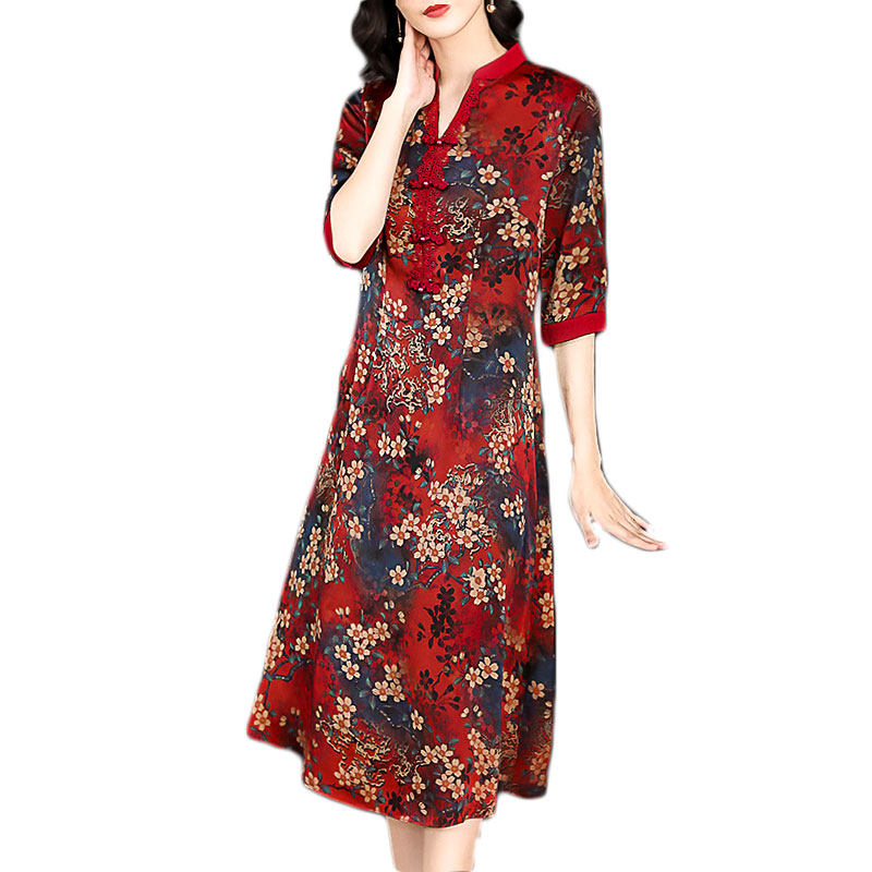 パーティードレス 和モダン花柄シフォン七分袖ワンピース