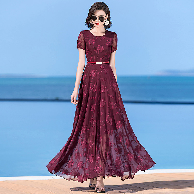 パーティードレス 花柄刺繍シフォン半袖ロング丈ワンピース