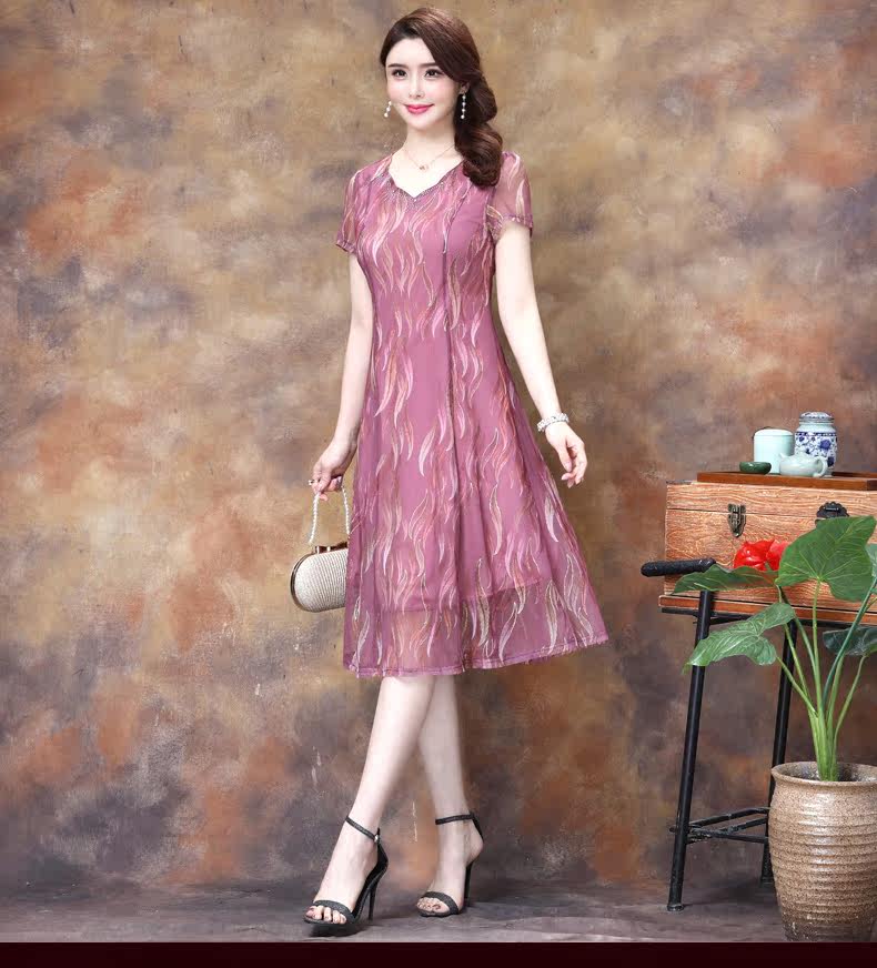 パーティードレス 波模様シフォン重ね襟付き半袖膝丈ワンピース