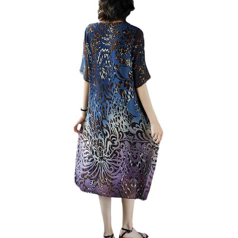 パーティードレス グラデーション柄シフォン五分袖膝丈ワンピース