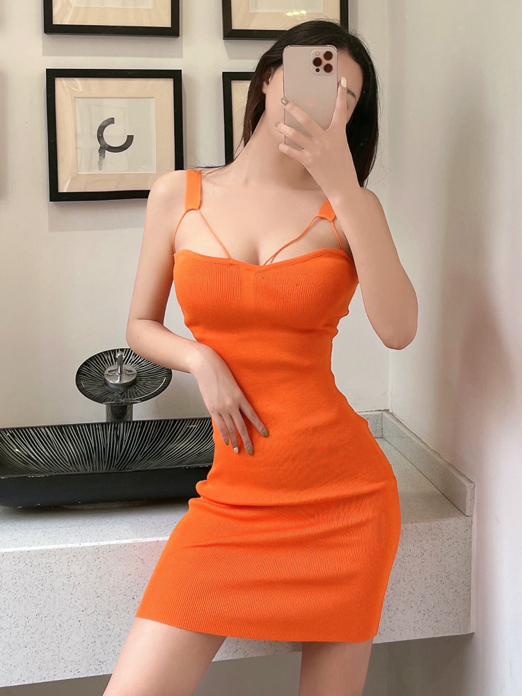 パーティードレス 細見えリブニットキャミソールミニ丈ワンピース