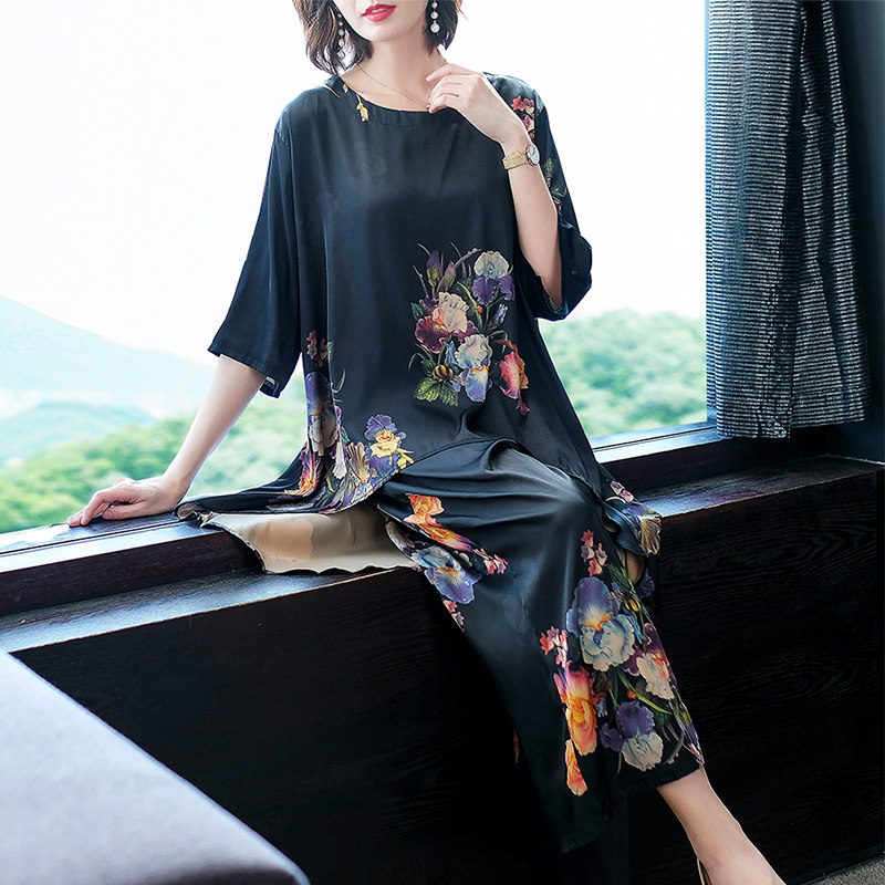 パーティードレス 華麗な花柄刺繍の七分袖ゆったりロングワンピース