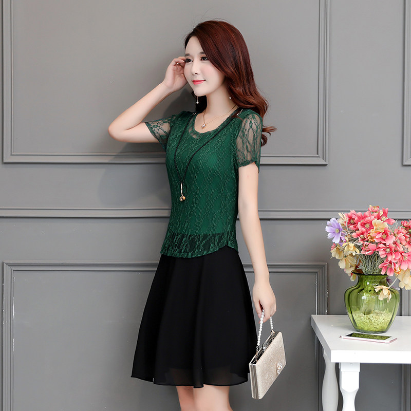 パーティードレス 総レース切替シフォンフレア膝丈ワンピース