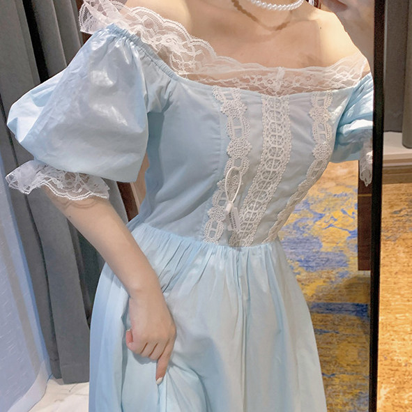 パーティードレス オフショルダーパフスリーブレース切替ワンピース