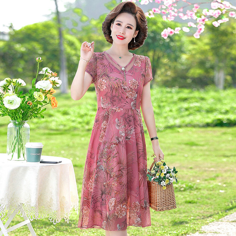 パーティードレス 花柄刺繍レース半袖ミディ丈ワンピース