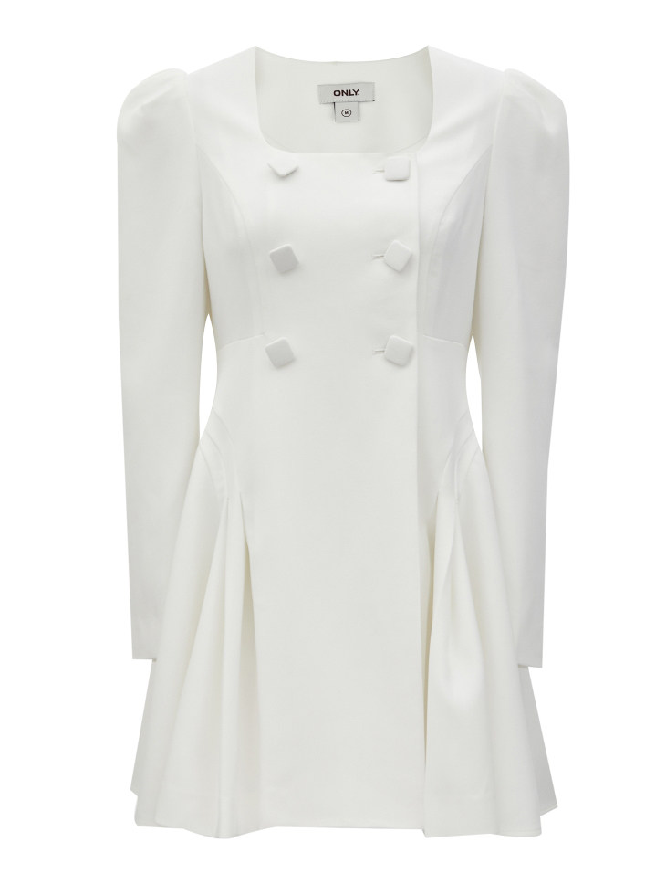 パーティードレス スクエアネック二重ボタンプリーツ裾ワンピース