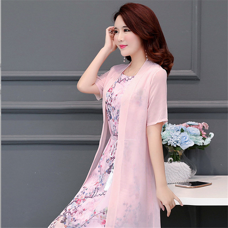 パーティードレス 花柄インナー付き羽織風シフォンワンピース