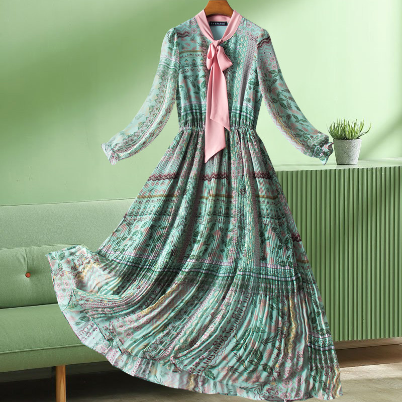 パーティードレス リボンタイ付きボタニカル柄プリーツロングワンピース