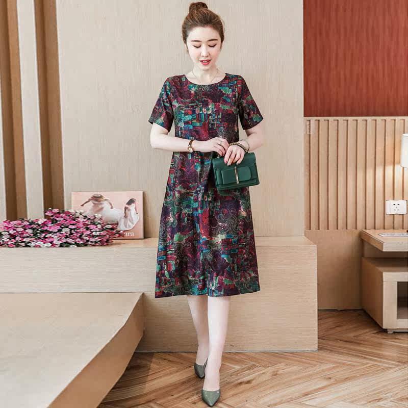 パーティードレス 抽象柄プリント半袖ゆったりミディ丈ワンピース