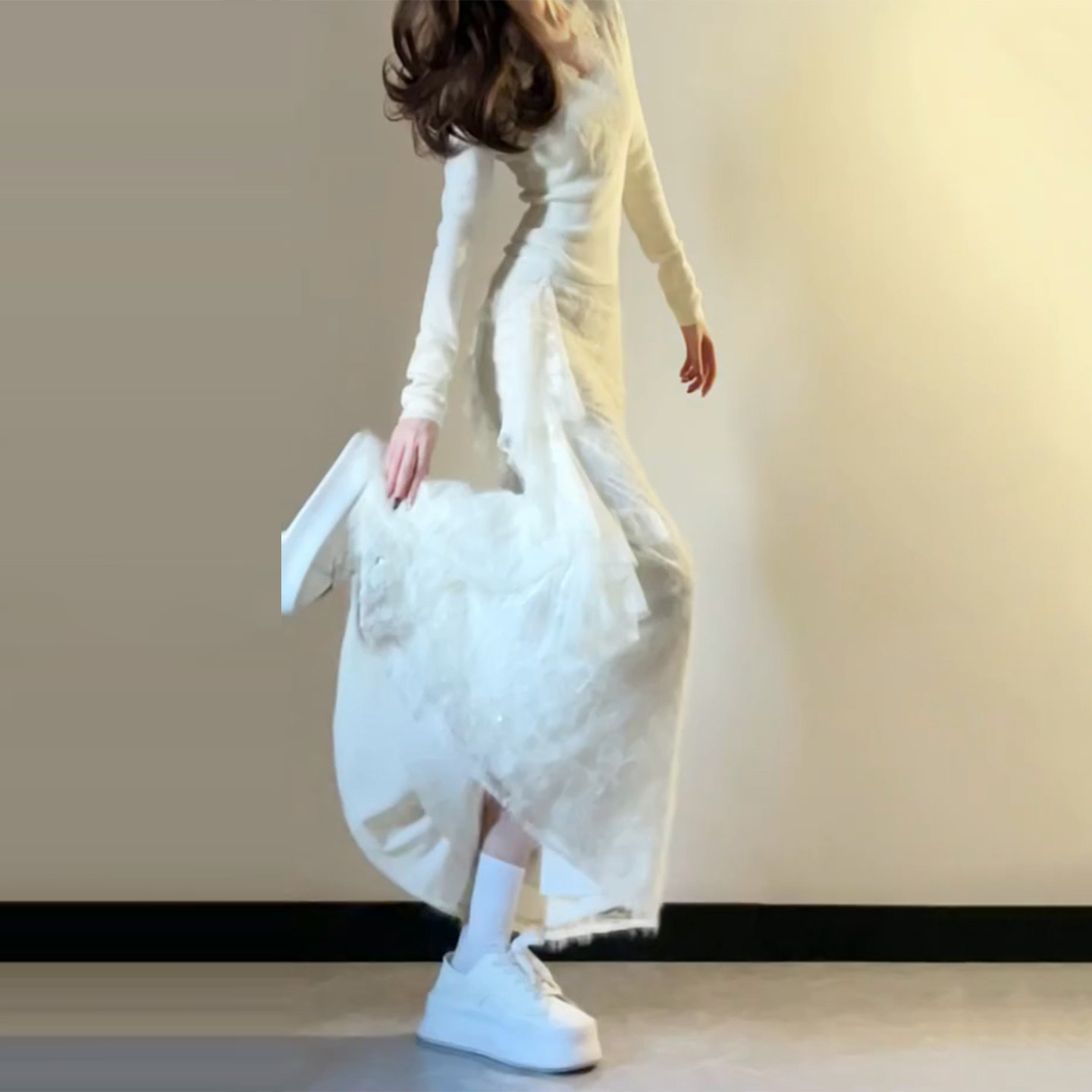 パーティードレス 長袖チュール切替マーメイドラインワンピース