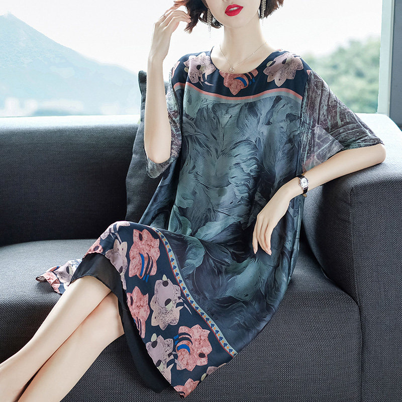 パーティードレス 花柄切替デザイン五分袖シルク調ワンピース