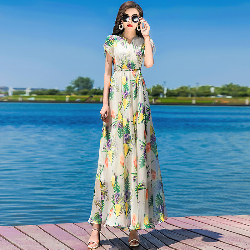 パーティードレス 南国ボタニカル柄シフォンマキシ丈ワンピース