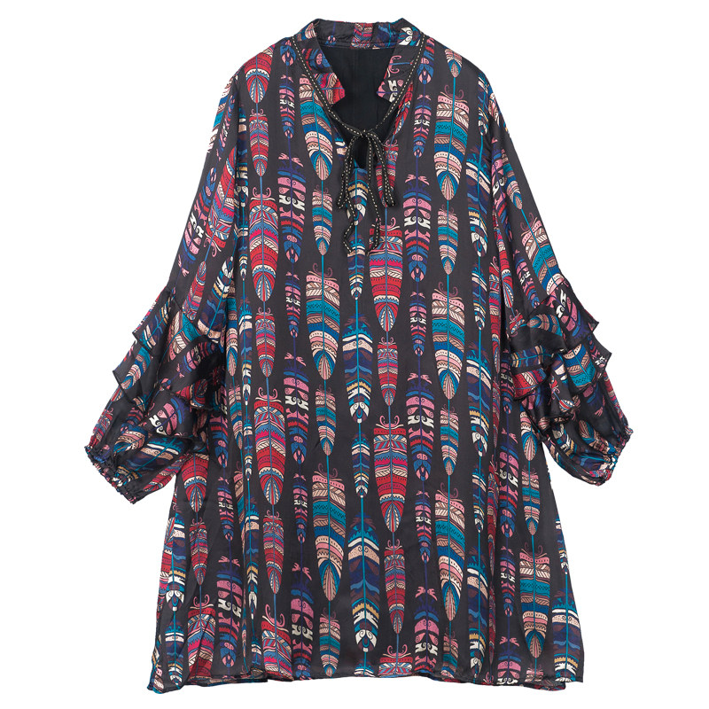 パーティードレス エスニック羽根柄フリル袖シフォンワンピース