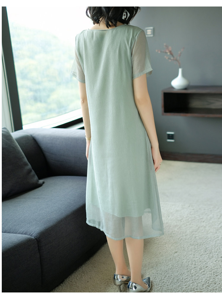 パーティードレス 梅花刺繍入り半袖シフォン膝丈ワンピース