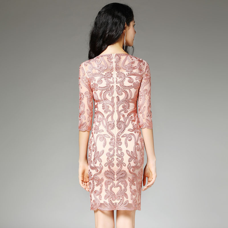 パーティードレス 豪華刺繍レース七分袖タイトワンピース