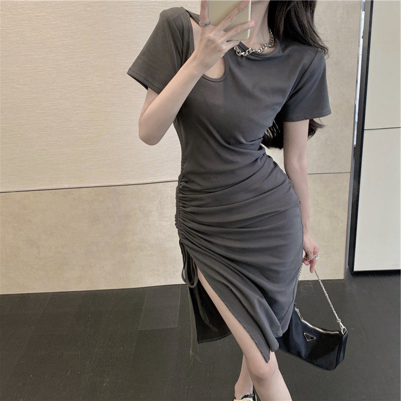 カジュアルドレス サイドドロスト入り半袖タイトワンピース