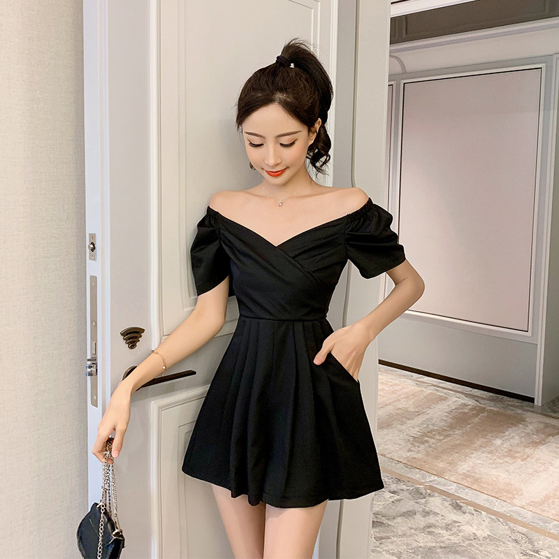 カジュアルドレス オフショルダーパフスリーブフレアワンピース