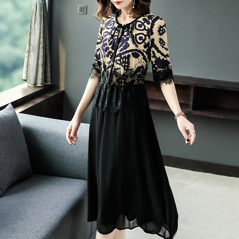 パーティードレス 花柄刺繍レース袖付きシフォン切替ワンピース