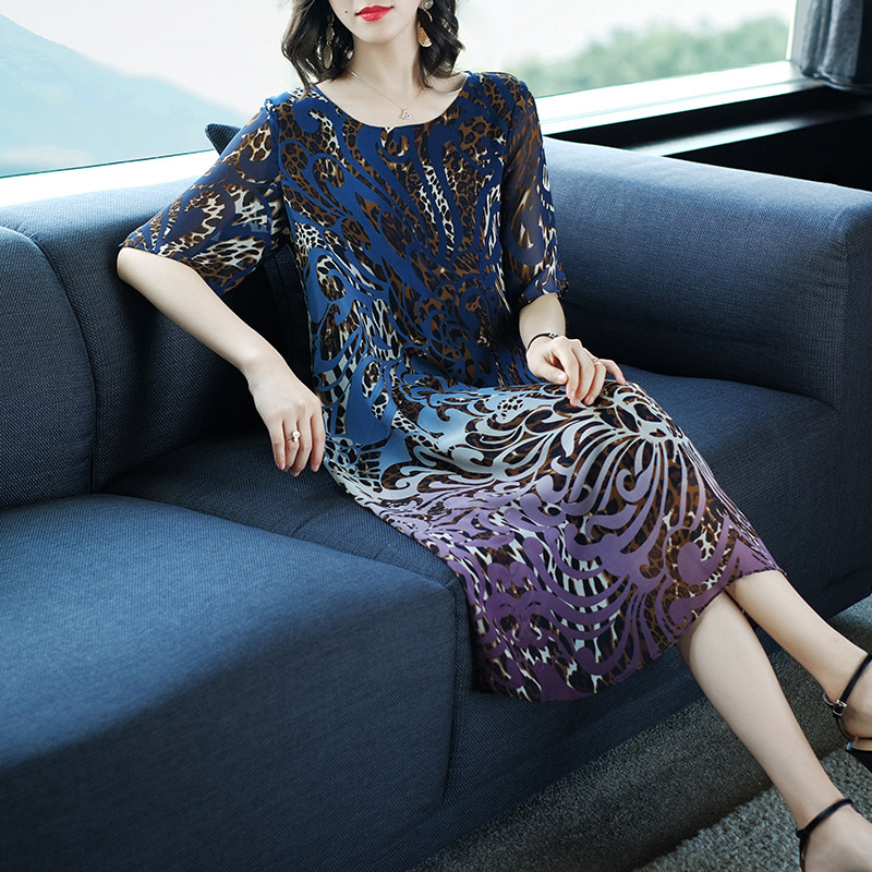 パーティードレス グラデーション柄シフォン五分袖膝丈ワンピース