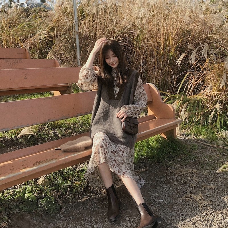 パーティードレス 花柄シフォンスカート切替ニットベスト重ね着風ワンピース