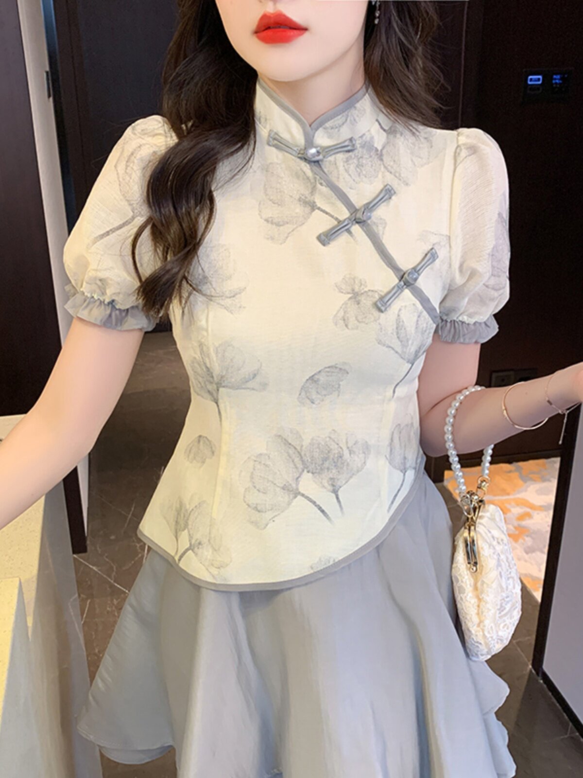 パーティードレス チャイナ風ボタン装飾シフォンフレアワンピース