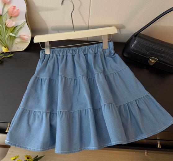 ミニスカートデニム風ティアード白リボン付きミニスカート