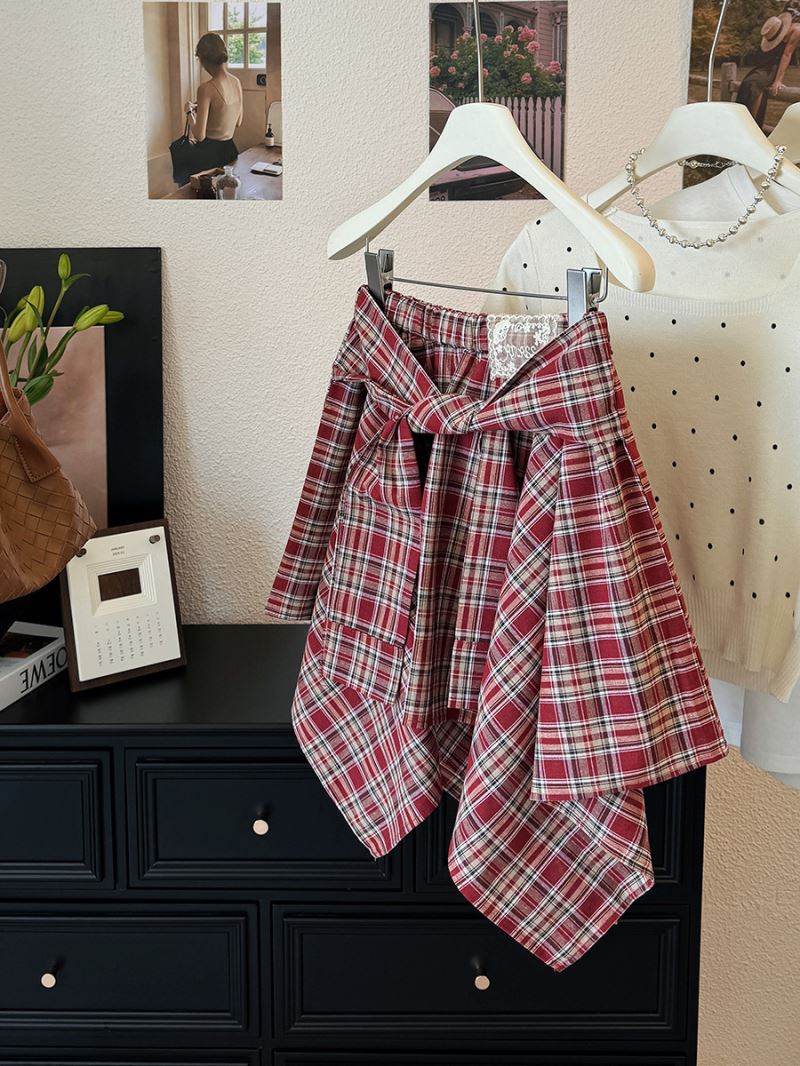 チェック柄ミニスカート夏レディース腰リボン付き