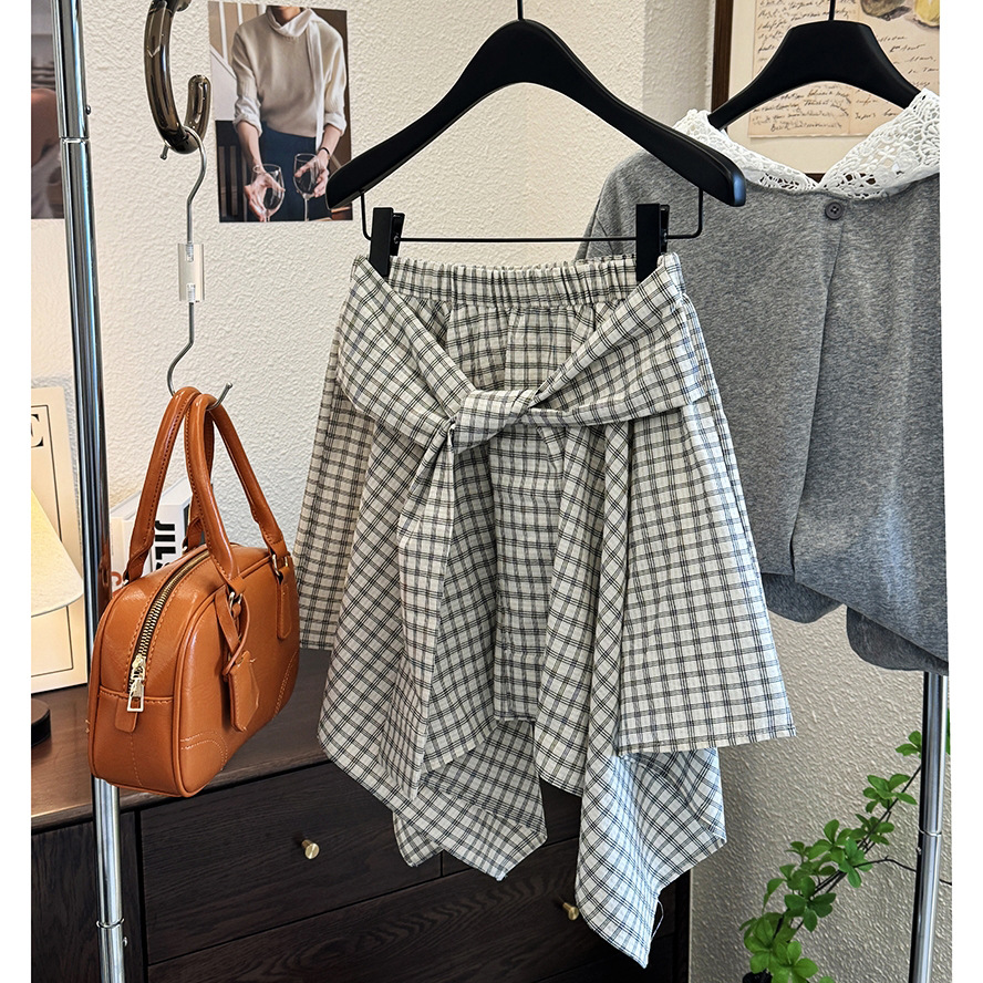 チェック柄ミニスカート リボン付き 夏レディース 2色展開