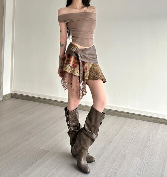 チェック柄アシンメトリーレースミニスカート