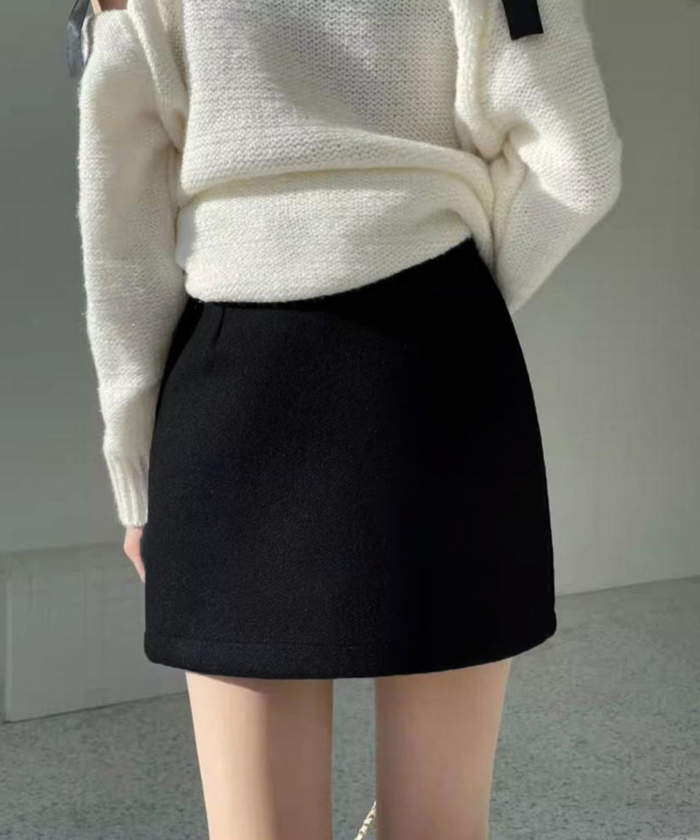 ミニスカート ウール風美脚効果 裏地付きミニタイトスカート 