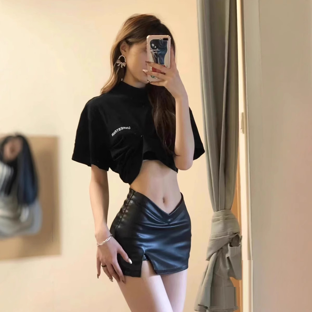 ミニスカート 光沢感ウエストスリット極短ミニスカート