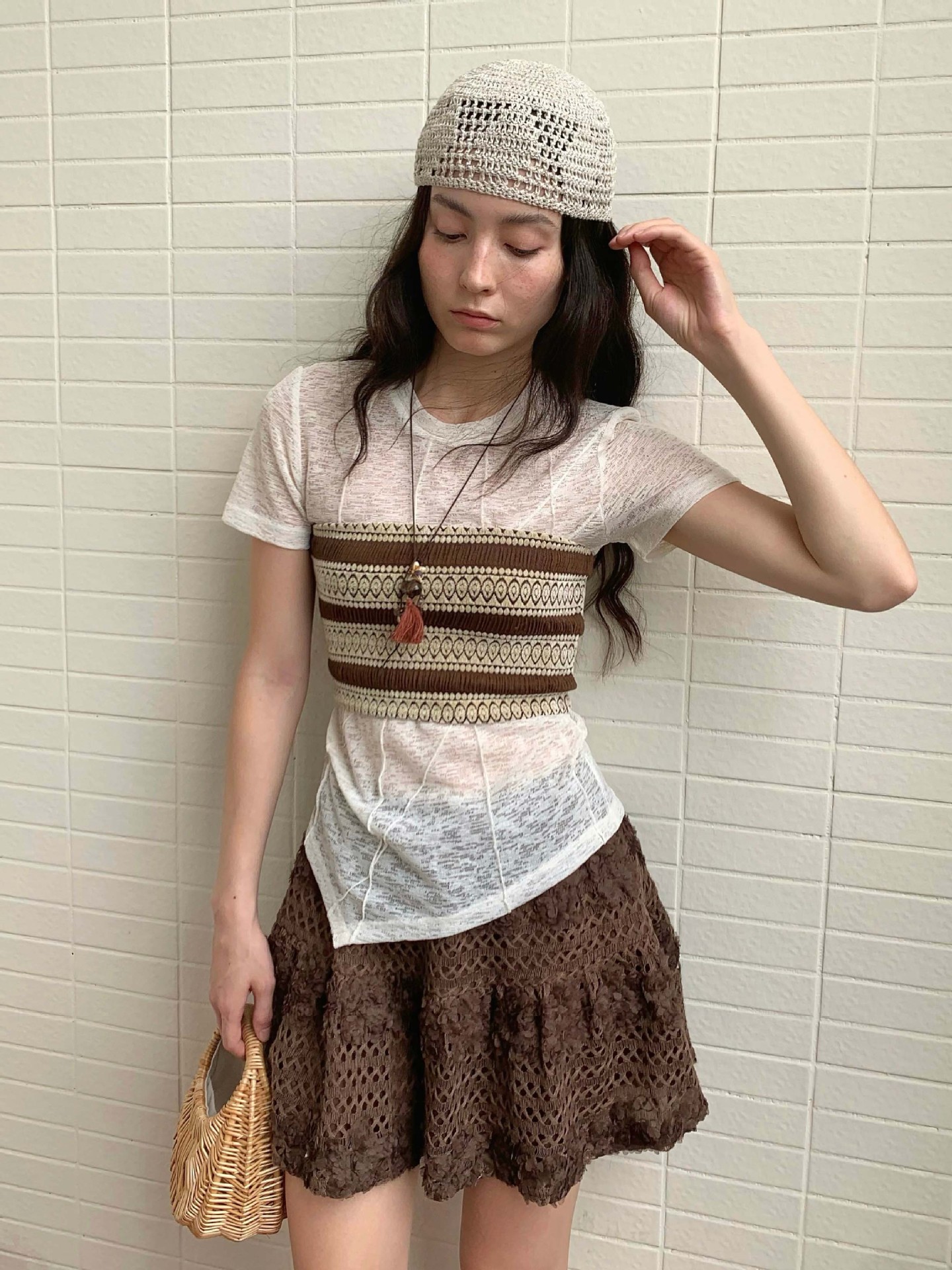 ミニスカート 花レース編みチュールミニスカート