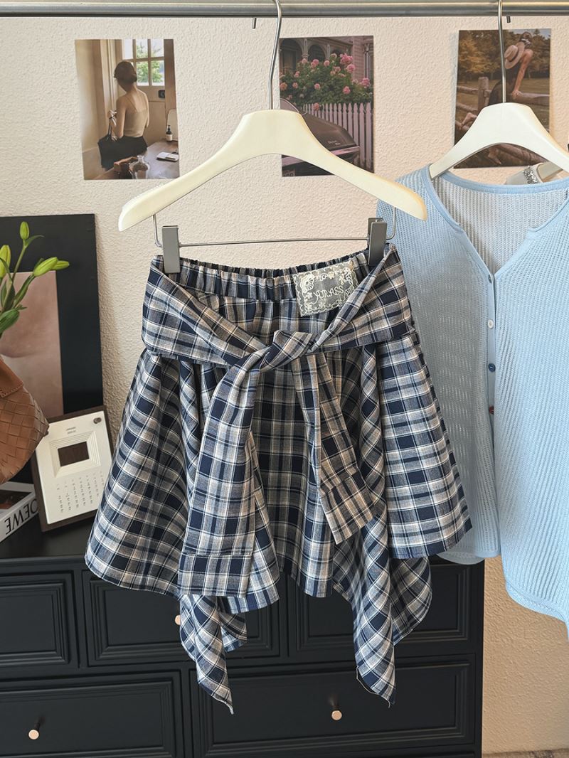 チェック柄ミニスカート夏レディース腰リボン付き