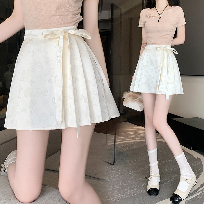 ミニスカート 花蝶舞うリボン付きプリーツミニスカート