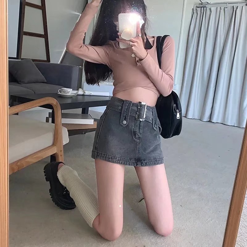 ミニスカート ベルト付きデニムミニスカート