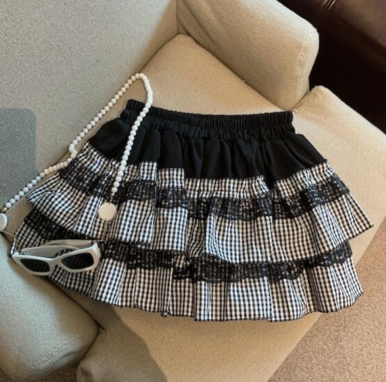 レースパッチワーク段フリルミニスカート