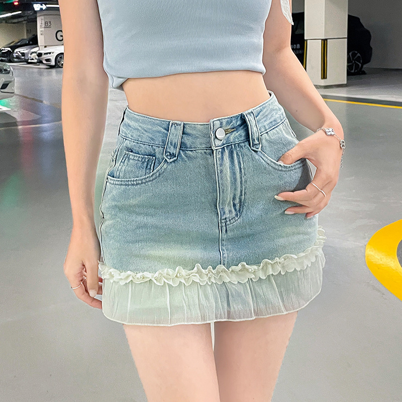 ミニスカート 裾シフォンフリル付きデニムミニスカート