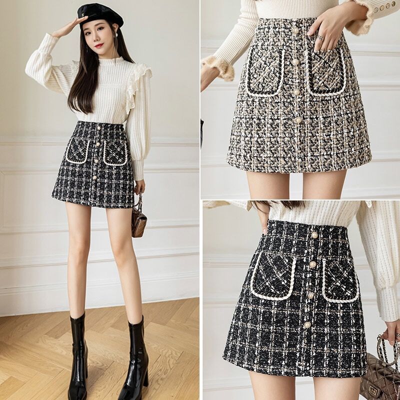 ツイード風ミニスカート パール釦付き二色展開