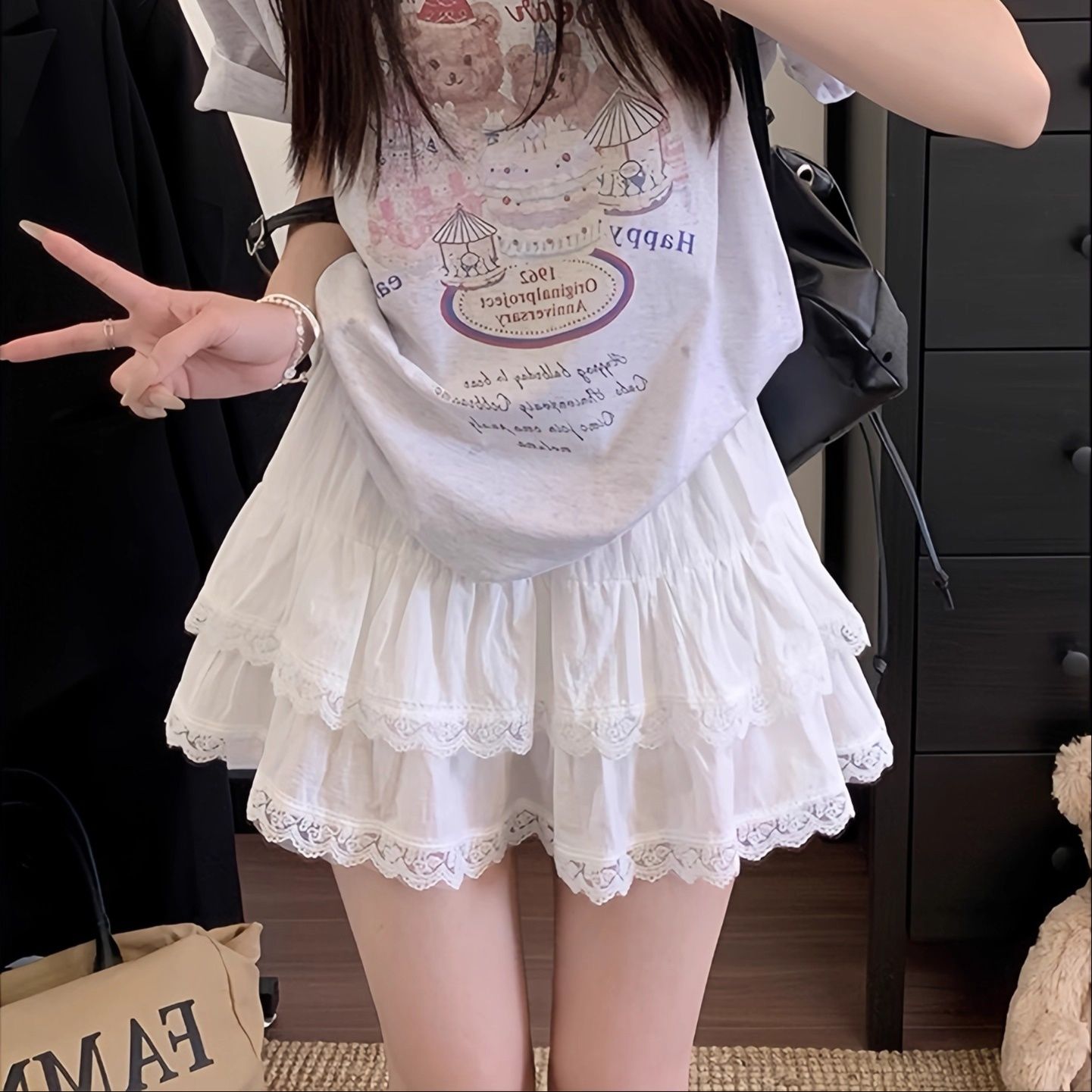 ミニスカート レース縁取り二段フリルミニスカート