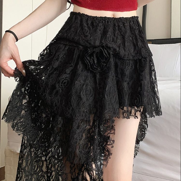 ミニスカート 花柄レース前短後長チュールスカート