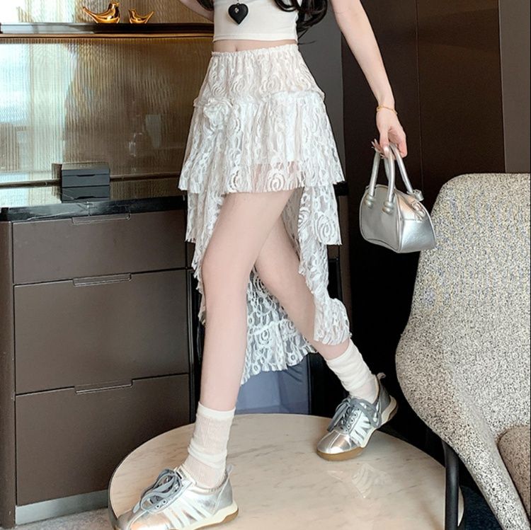 ミニスカート 花柄レース前短後長チュールスカート