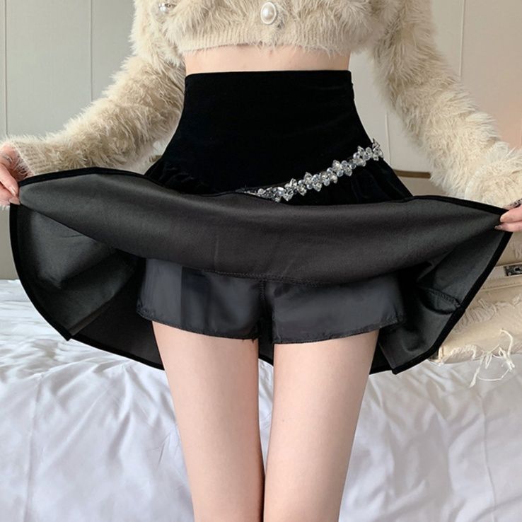 ミニスカート ビジューラインベロアフリルスカート
