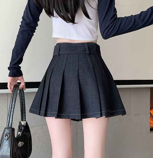 ハイウエストデニム風プリーツミニスカート