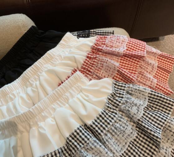 レースパッチワーク段フリルミニスカート