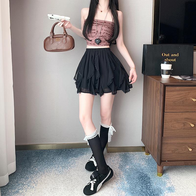 ミニスカート レース縁取りシフォンフレアミニスカート