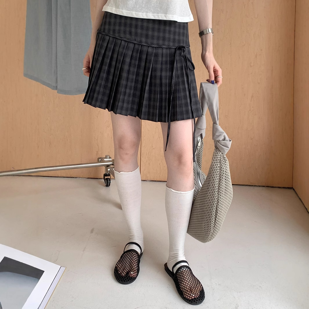 ミニスカート 格子柄リボン結びプリーツミニスカート