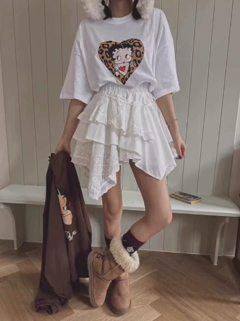 白レース重ねフリル アシンメトリー ミニスカート