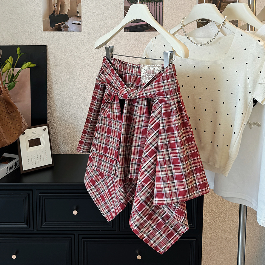 チェック柄ミニスカート夏レディース腰リボン付き